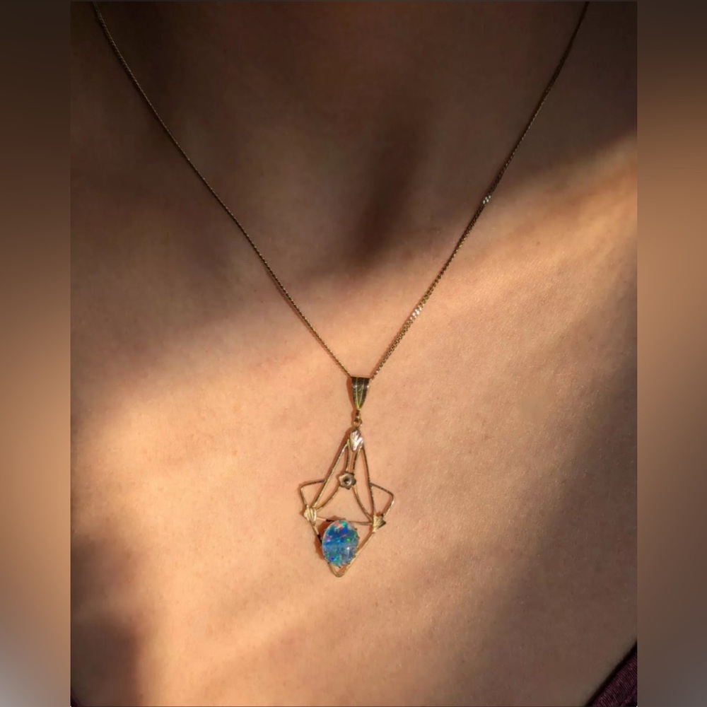 Antique Art Nouveau Australian Opal Triplet Lavaliere Pendant 9K Gold Art Deco - Picture 4 of 15